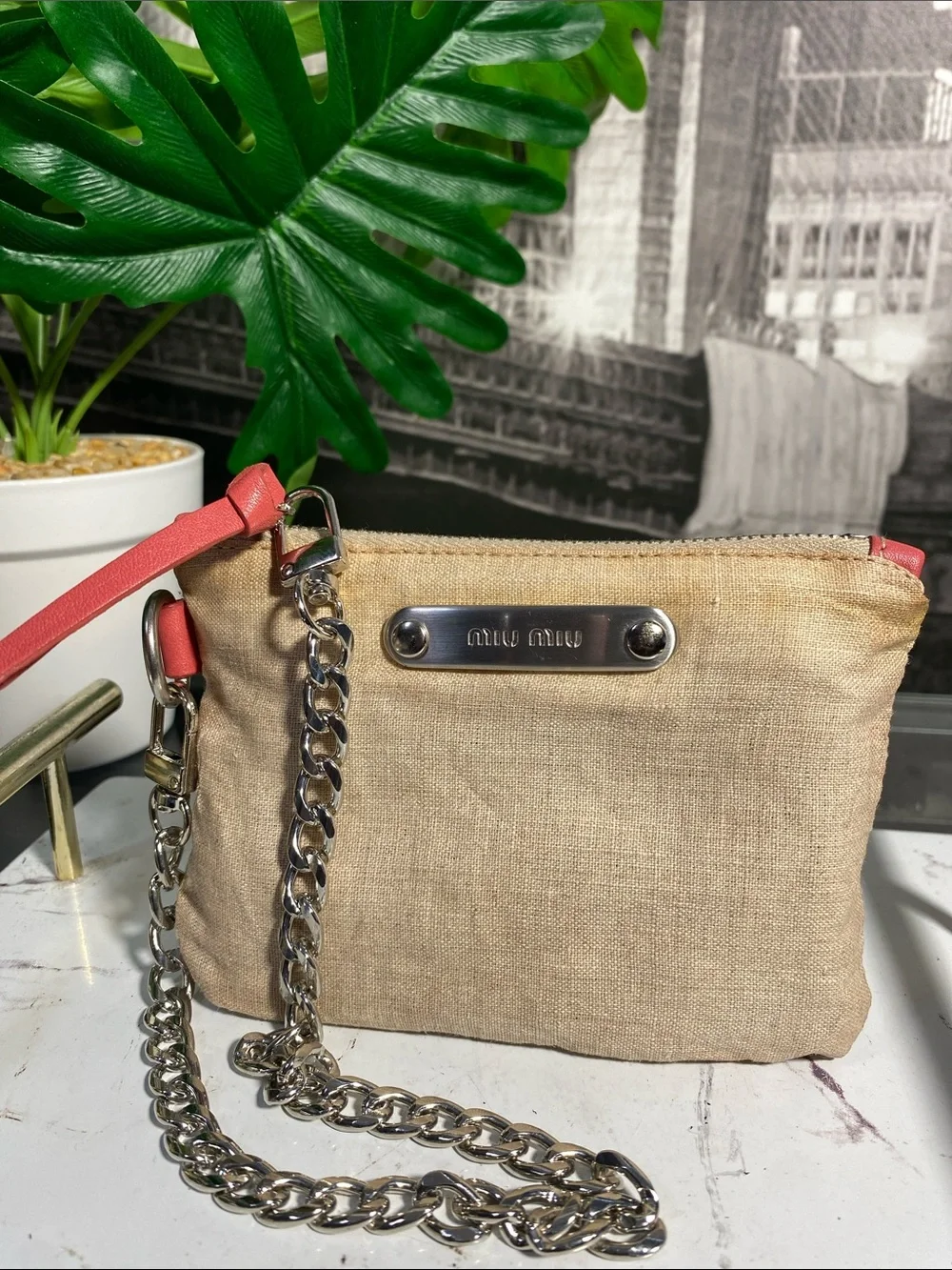 Authentic Miu Miu Beige Linen Pouch with Coral Trim
